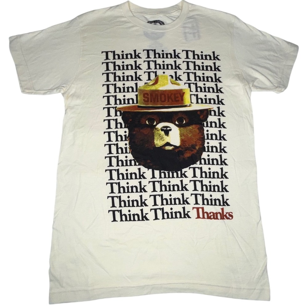 Smokey Bear Think Thanks Graphic T-Shirt Mens S‎ Cream 100% Cotton Licensed